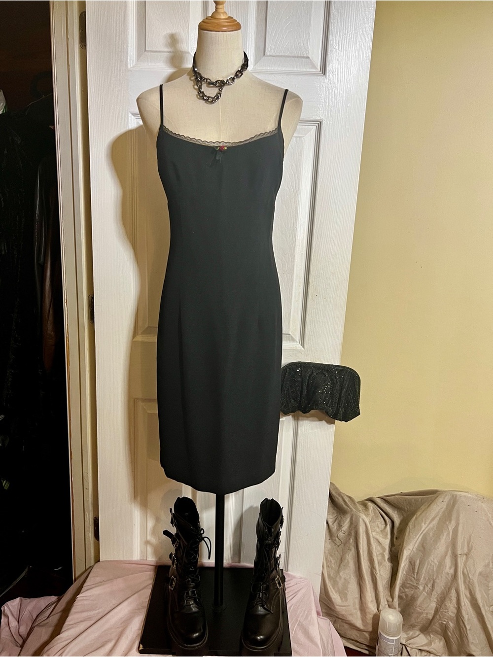 Nanette Lepore Vtg Y2K Black Shimmer Knit Babydoll Sheath Slip Cocktail Dress 6